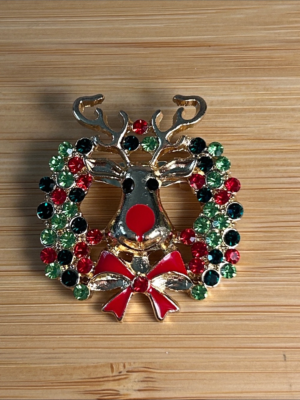 Festive Reindeer Wreath Pin in Red and Green